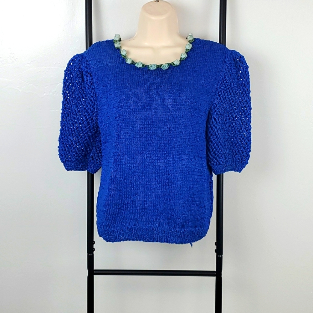 Vintage Christian Dior knit top blouse floral detail short sleeve women
